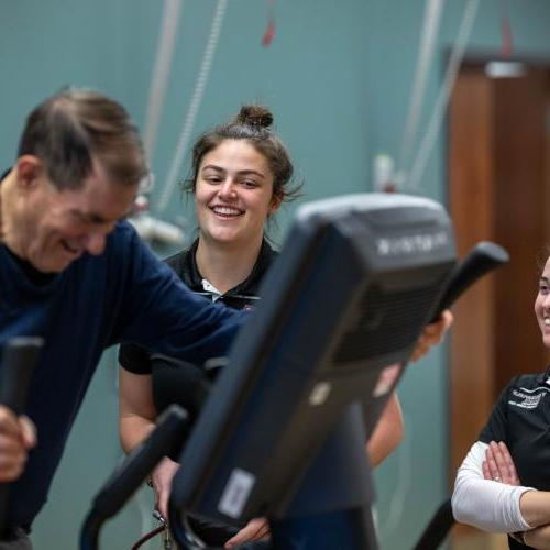 Physical therapy students work with community members during a Community Clinic in the Health Sciences Center at Springfield College