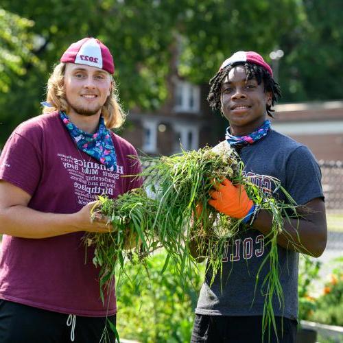 Students gathering weeds collected from a yard cleanup in the community